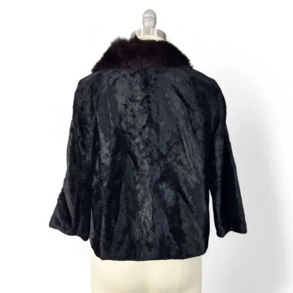 Vintage 1950s Black Velvet Jacket with Fur-Trimmed‎ Collar | Size M - Picture 7 of 8